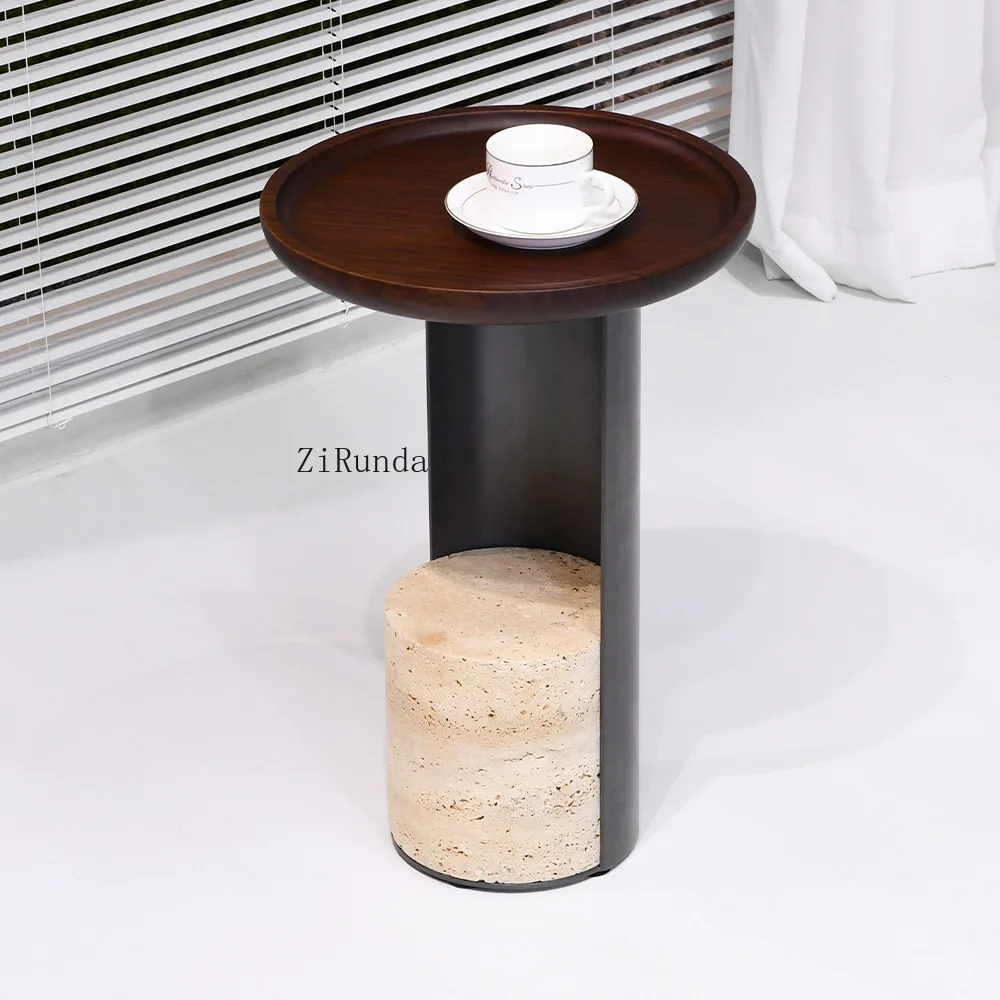 Beige limestone base, stylish metal column side table, suitable for bedside, home office use
