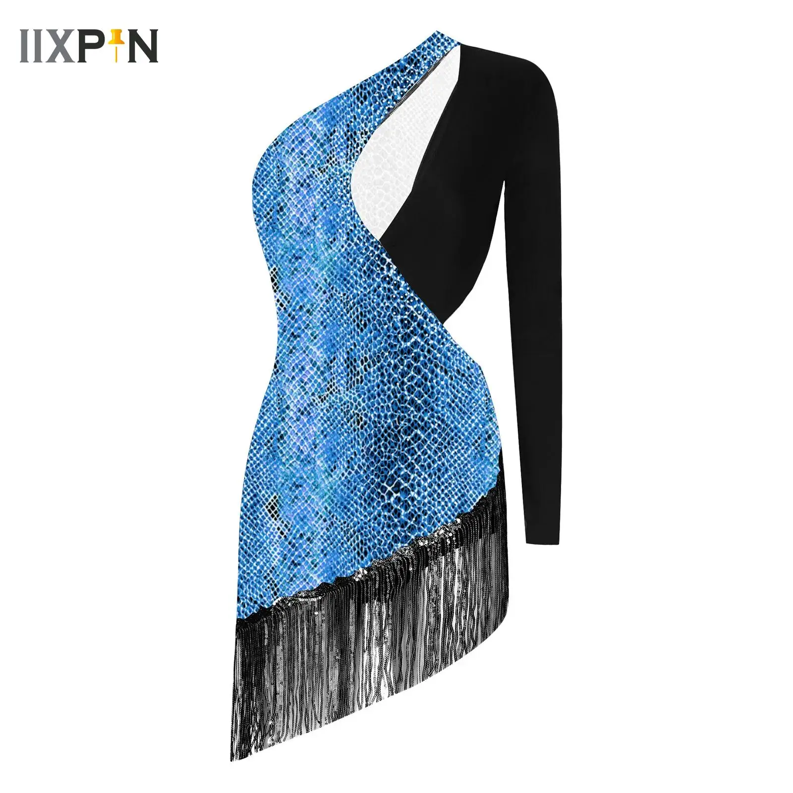 

Women Latin Dance Tassels Leotard Sparkling Sequins Cha-cha Samba Salsa Bodysuit Dress Stage Performance Costume Dancewear