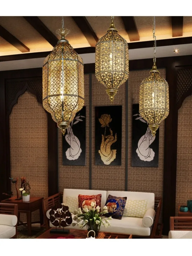 Lampe LED suspendue en métal creux en laiton, Vintage marocain, E27, Style asie du sud-est, lampe décorative pour Restaurant, maison, Bar