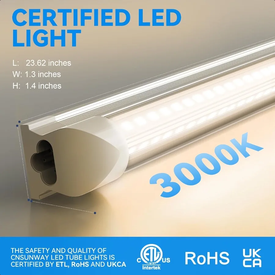 CNSUNWAY LED Shop Light 2FT 20W 3000LM 3000K Warm White T8 LED Tube Lights Ceiling and Utility Shop Lights Linkable Light Fixtu