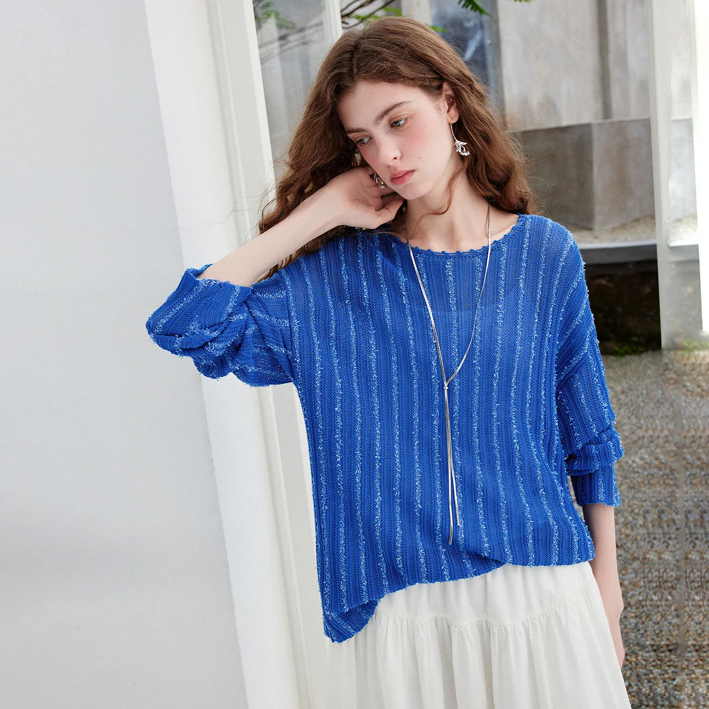 TOYOUTH Women's Lyocell Knitwear Top 2026 Autumn New Paper-like Fancy Yarn Hollow Out Breathable Klein Blue Casual Style