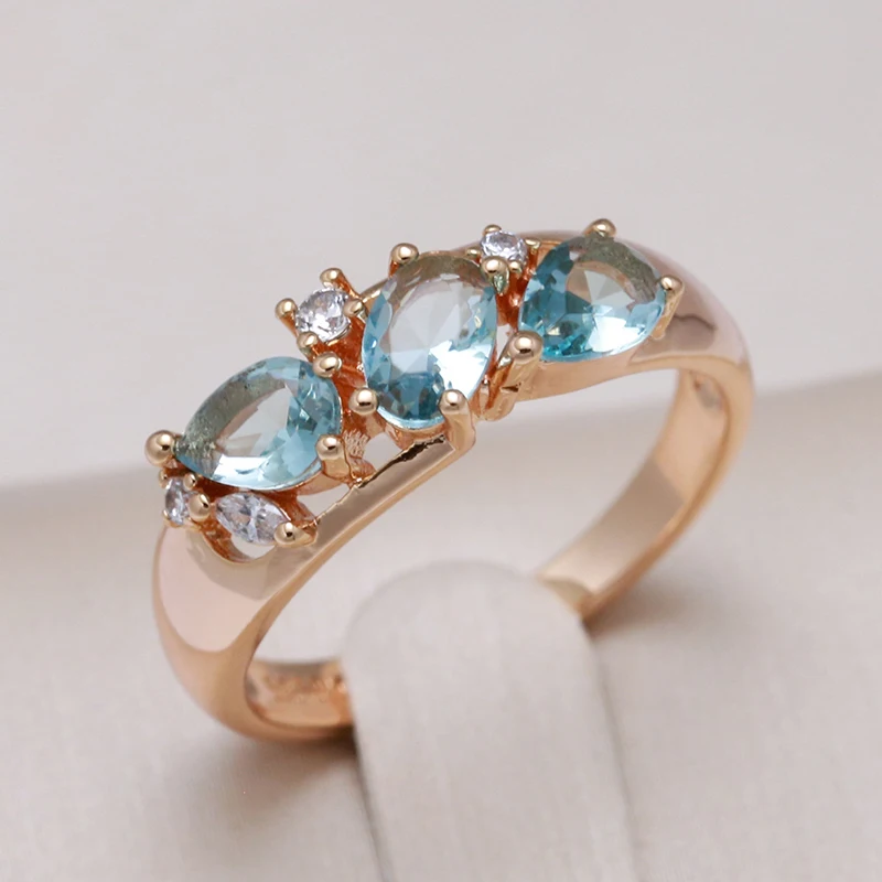 Kinel New Blue Natural Zircon Ring for Women Geometry 585 Rose Gold Rings Vintage Ethnic Bride Wedding Jewelry Party Accessories