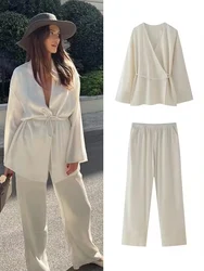 TRAFZA 2024 Damski 2-częściowy zestaw Elastyczna talia Szerokie nogawki Spodnie + Moda Kimono Styl Casual V-Neck Sznurowany Duży Rękaw Luźny Top