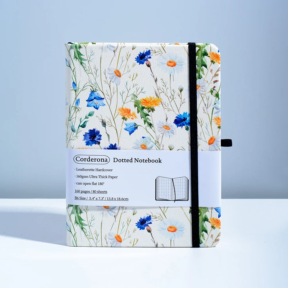 Corderona Floral Hardcover Notebook, bala pontilhada Journal, papel grosso, elástico, 160gsm