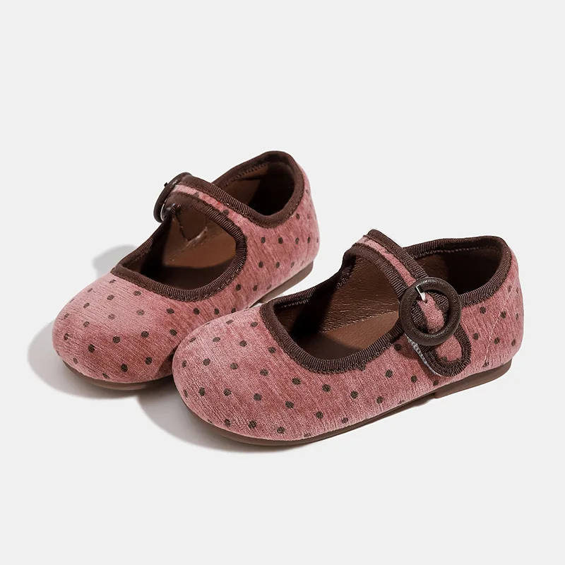 Girl\'s Sweet Leather Shoes Trendy Princess Red Polka Dot Baby Single Shoe, Student Soft Sole Retro Velvet Children\'s Bean Shoes