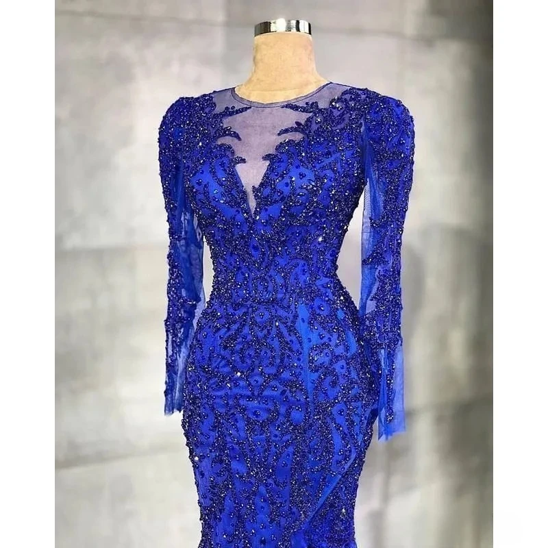 Niebieska koronkowa suknia wieczorowa damska, luksusowa, zdobiona koralikami, syreni krój, elegancka suknia balowa z dekoltem w serek, długi rękaw, możliwość personalizacji.