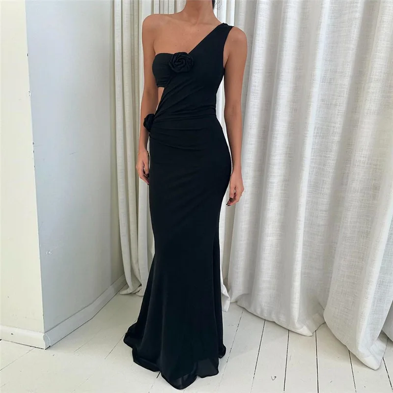 Black Evening Dress Sexy One Shoulder Sleeveless Hollow Formal Casual Birthday Sheath Slim Party Prom 3D Flower Gown Robe