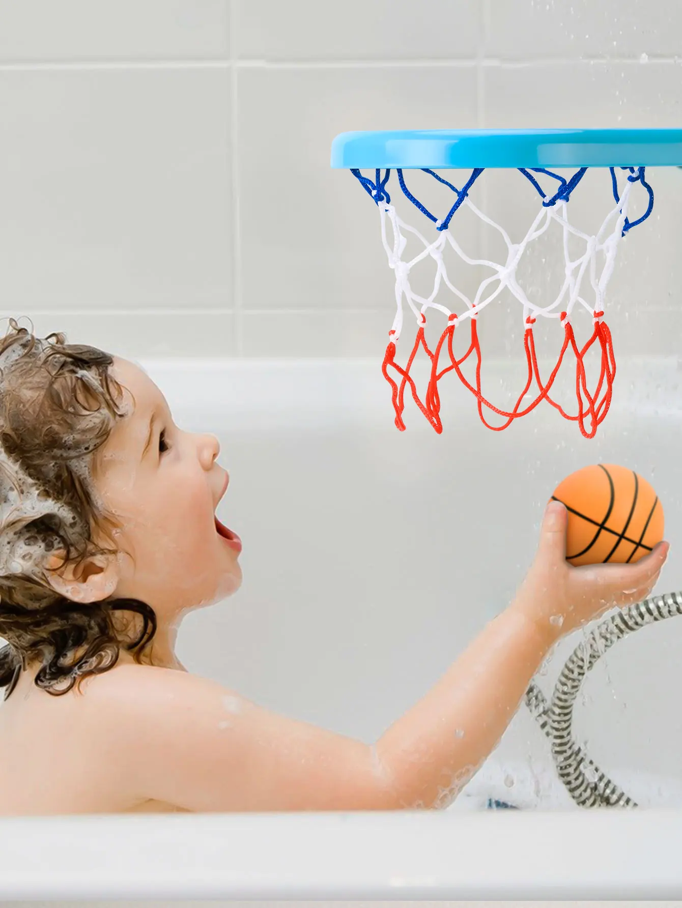 

Dual purpose bathroom basketball frame, equipped with 3 basketballs, with suction cups and straps, suitable for multiple scenari