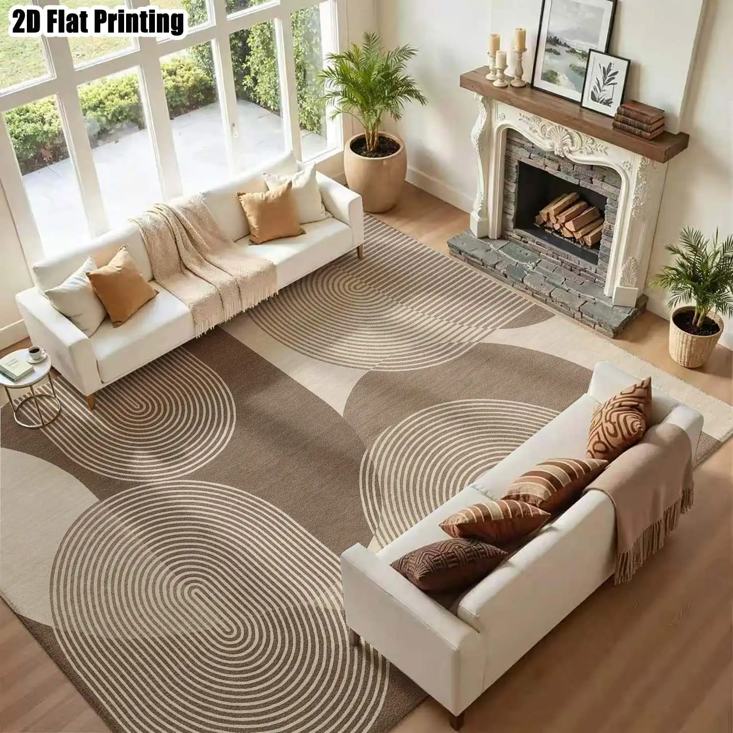 1Pc 2D Printed Brown & White Geometric Stripe Nordic Modern Minimalist Abstract Art Carpet for Home Decor, Multi-Size, Machine Washable, Usable as Entrance/Dining/Foyer/Living/Bedroom Mat