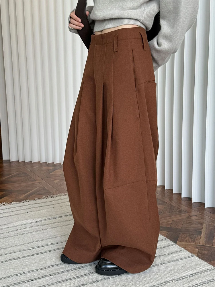 [EAM] High Waist Brown Thick Pleated Long Wide Leg Elegant Pants New Trousers Women Fashion Tide Spring Autumn 2024 1DH7814