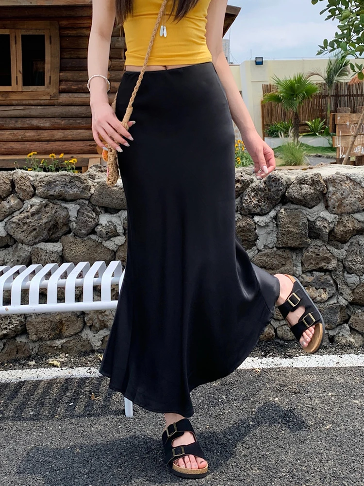 White Satin Drapey High Waist Women's Midi Skirt Slimming A-Line Fi Tail Skirt Commute Korean Sle Polyester Fiber