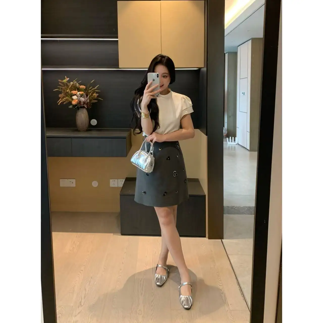 

High Waist Handmade Beaded Slimming Versatile Midi Skirt XIN lectual ey Summer Faion Set Cotton Blend Skirt