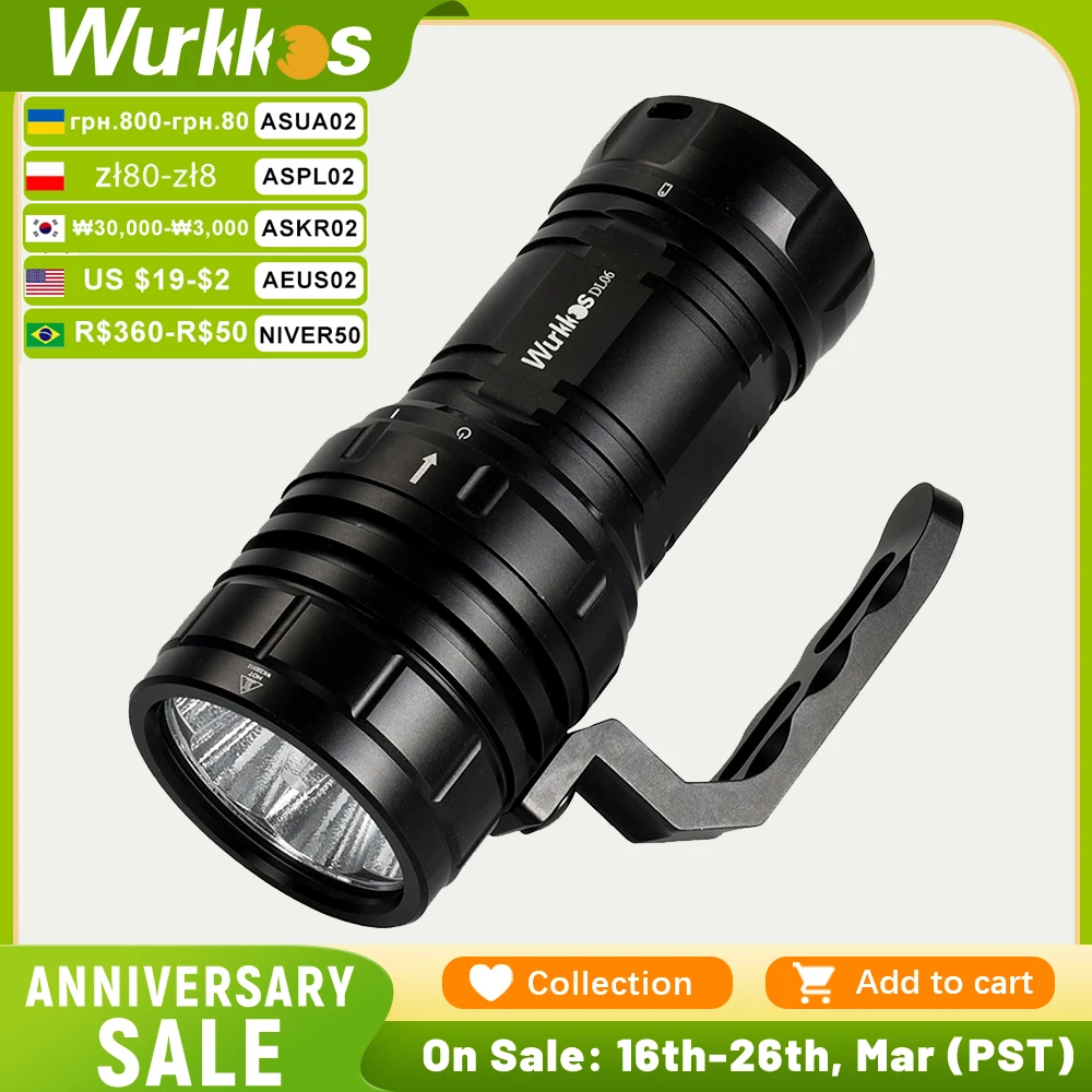 Wurkkos DL06 Diving Torch 3*21700 High Power Rechargeable LED Flashlight 15000LM 6*XHP50.2 Power Bank IPX8 Underwater Work Light