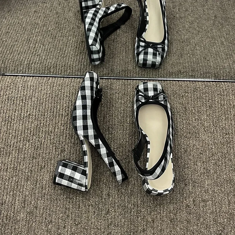 Plaid Square Toe Thick Heel Women Shoes 2023 New Bowknot Casual High Heel Sandals for Women Zapatos De Mujer Sandalias