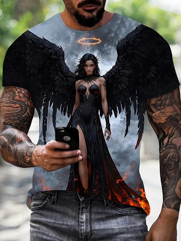 

Мужская модная футболка с короткими рукавами и 3D принтом черного ангела, городская уличная мужская свободная футболка для спорта на открытом воздухе, мужская футболка для фитнеса