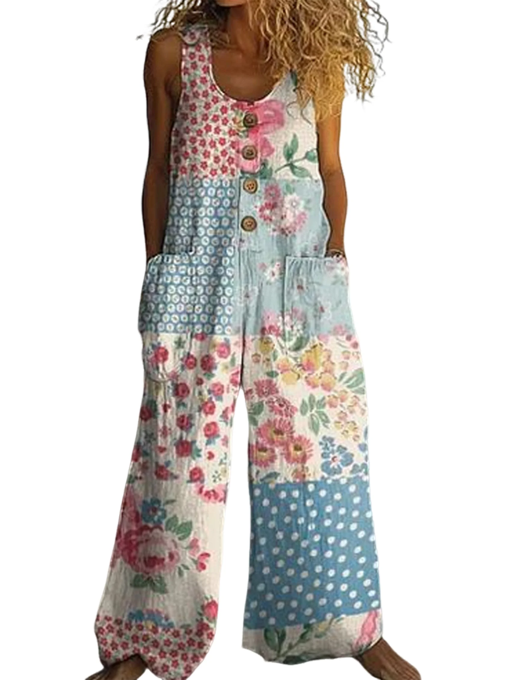 ASDS-Mono informal bohemio de verano para mujer, mono de pierna ancha, peleles holgados con estampado Floral y bolsillos