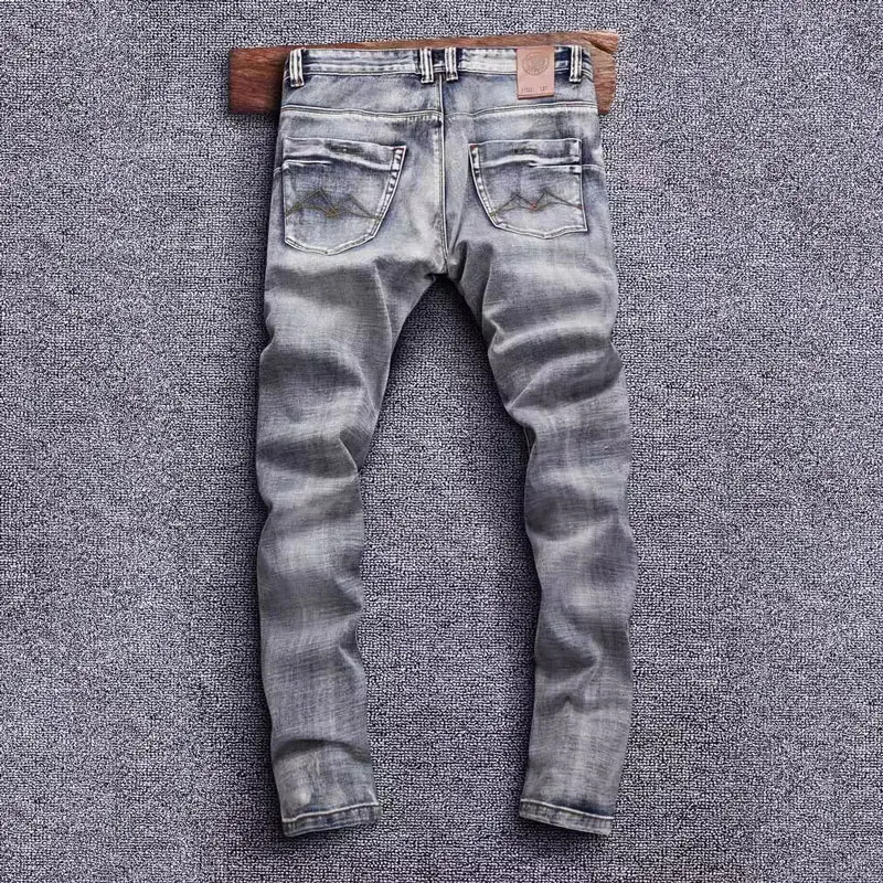 Fashion Designer Men Jeans High Quality Retro Gray Blue Stretch Slim Fit Ripped Jeans Men Embroidery Vintage Denim Pants Hombre