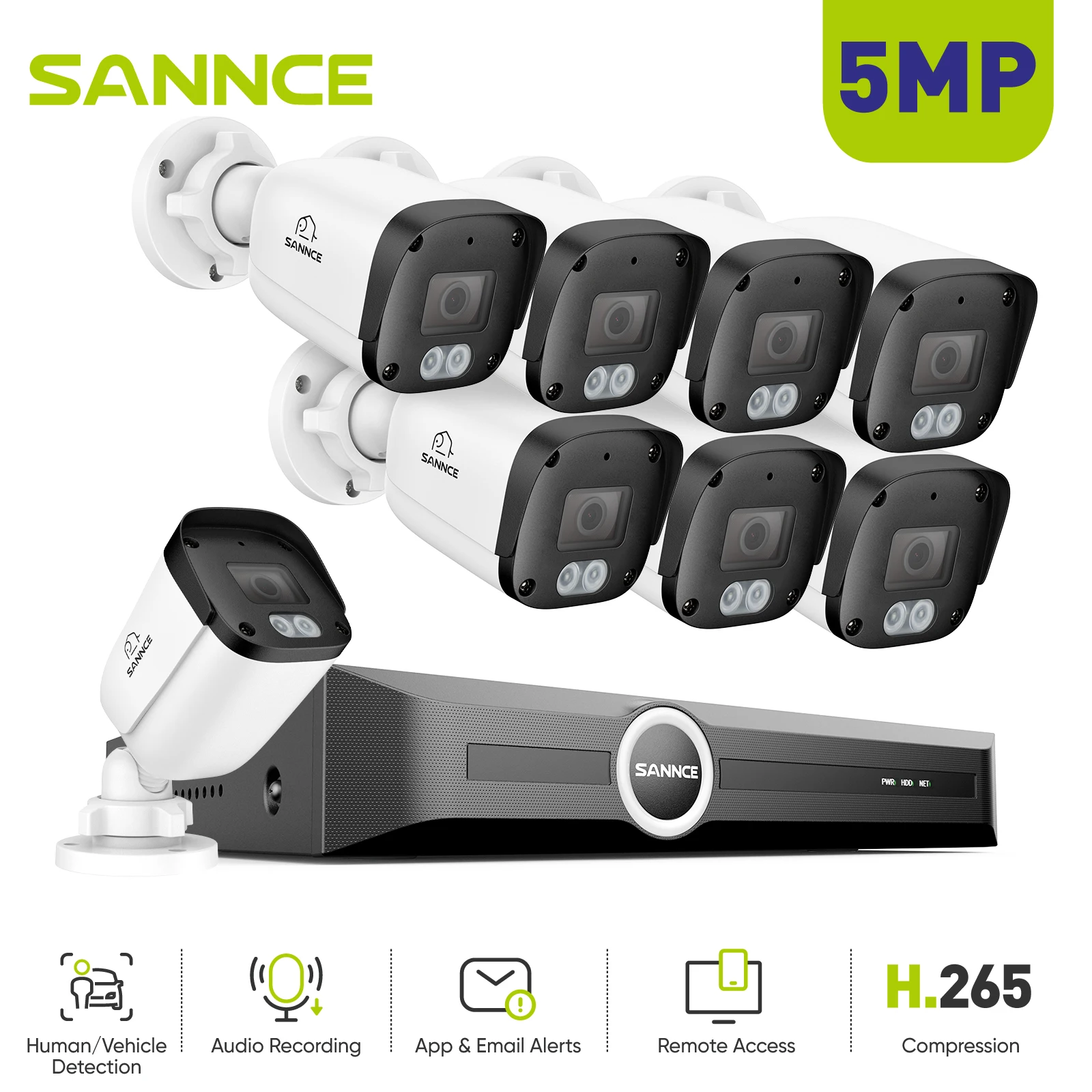 

SANNCE Outdoor 5MP CCTV Security Camera System 8PCS Human & Vehicle Detection HD 100ft/30m 8CH NVR POE IP Camera Surveillance