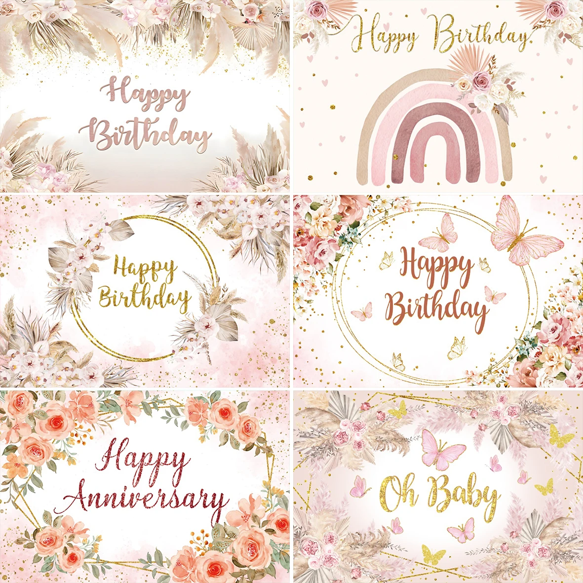 Laeacco Vinyl Happy Birthday Backdrop For Photography Gold Frame Pink Pampas Grass Flowers Baby Shower Custom Photo Background