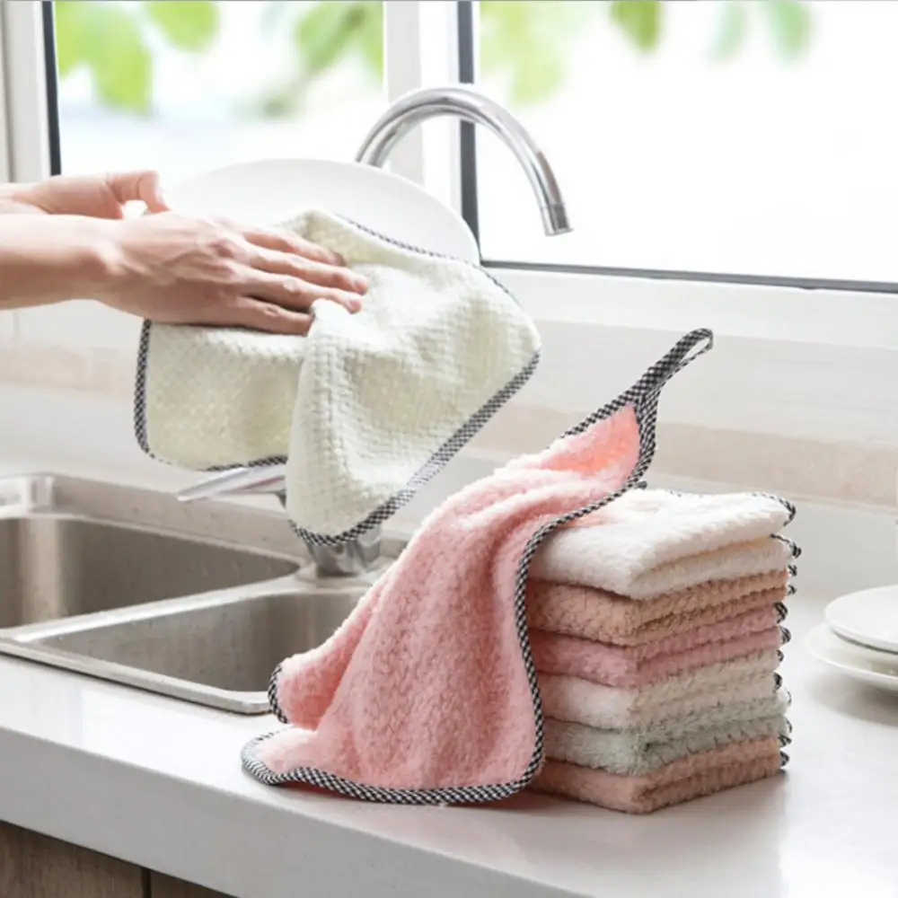 

2Pcs Coral Fleece Hand Towel Hanging Kitchen Bathroom Drying Square Washcloth Absorbent Microfiber Tableware Cleaning Accessory