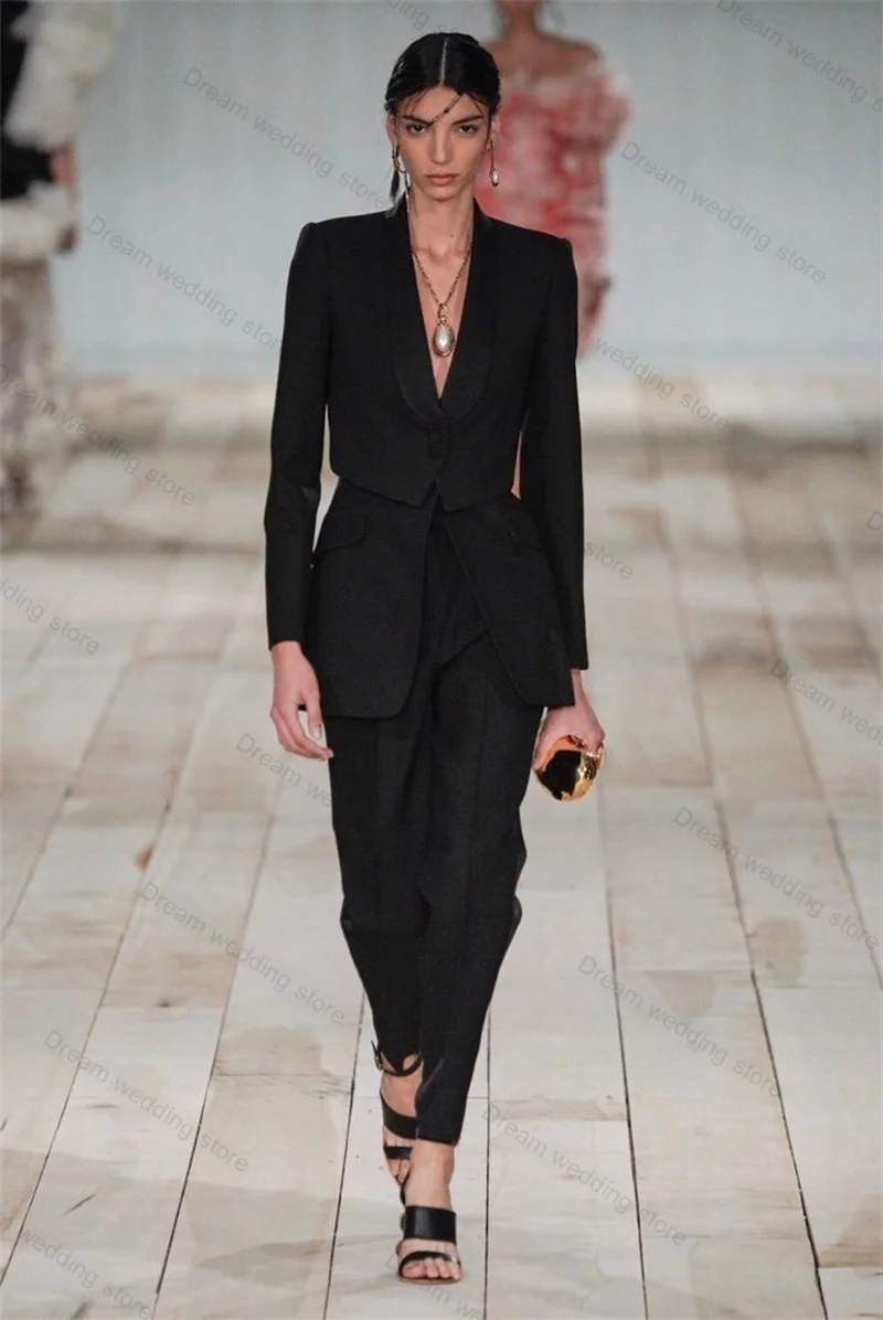 Black Cotton Women Suit Set 2 Piece Blazer+Pants Trousers Formal Office Lady Jacket Wedding Tuxedo Customized Prom Coat