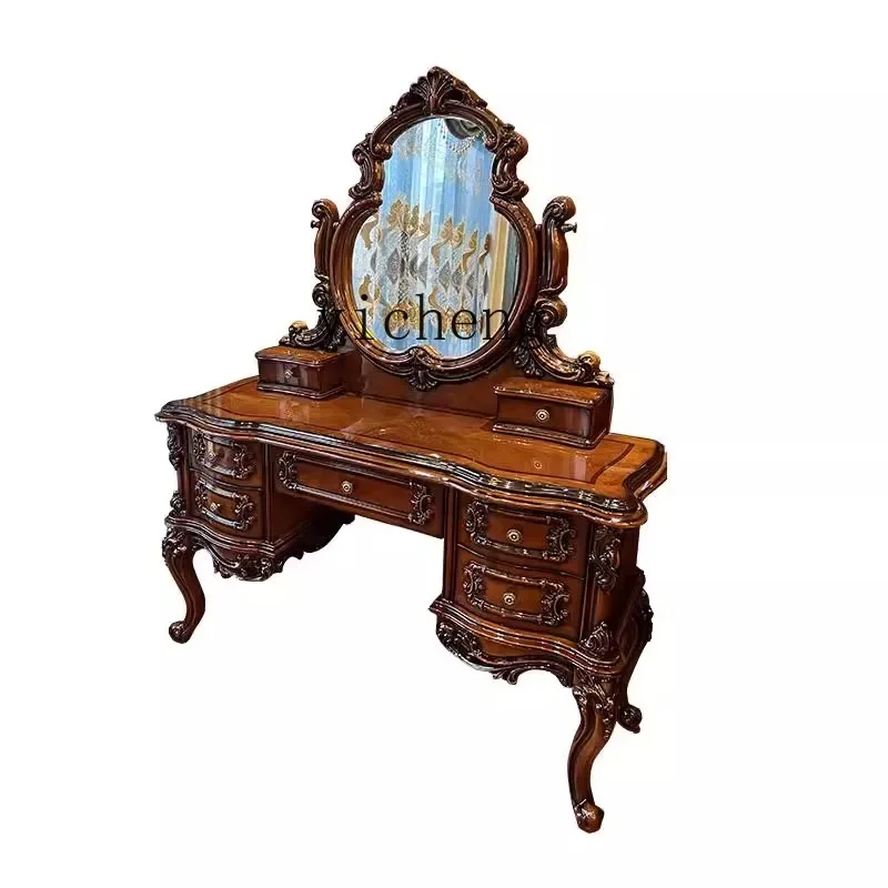 TQH6.14 retro solid wood dresser mirror stool combination bedroom engraved luxury makeup table against the wall dresser cabinet