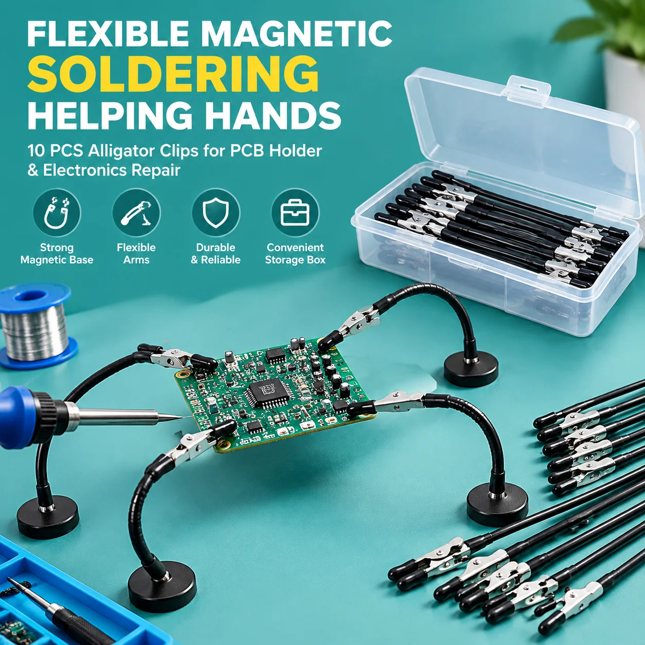 10Pcs Flexible Magnetic Soldering Helping Hands with Alligator Clips - PCB Holder & Storage Box for Electronics Repair Tools