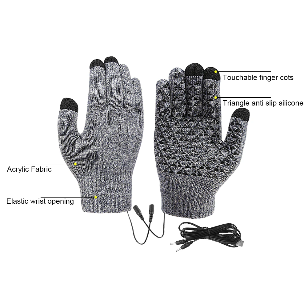 Winter USB Electric Heated Gloves Warm Thermal Full Finger Knitted Gloves Outdoor Snowboarding Skiing Sport Stocking(No Battery)