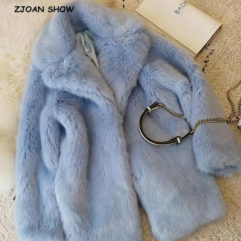 

HIGH QUALITY Winter Lapel Hairy Shaggy Faux Fur Jacket Aqua blue Vintage Long sleeve Furry Faux Fur Coat Mid Long Outerwear