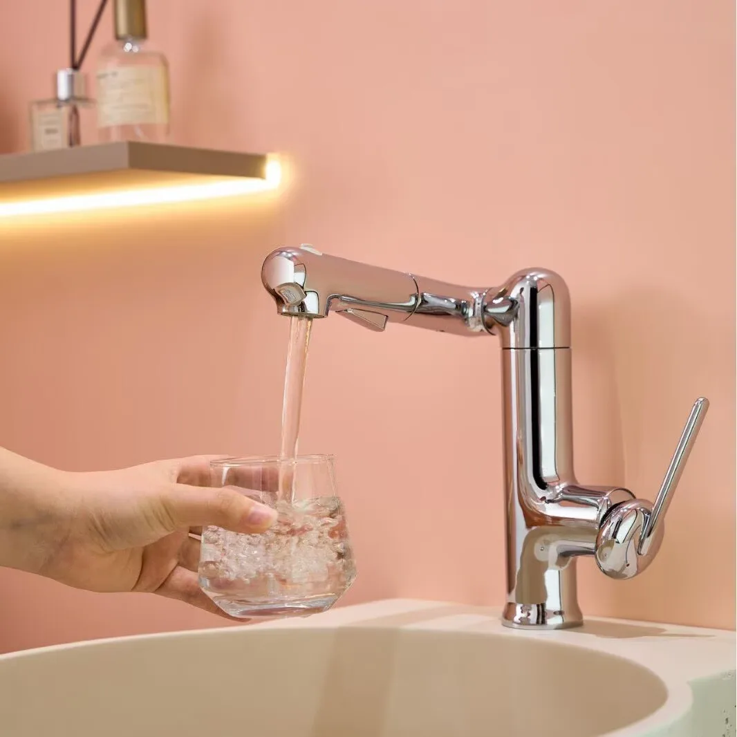 Brass Pink Mechanical Arm Bathroom Faucet Brushed Gold Pull-Out Bathroom Basin Faucet Rotatable for Kitchen Sink