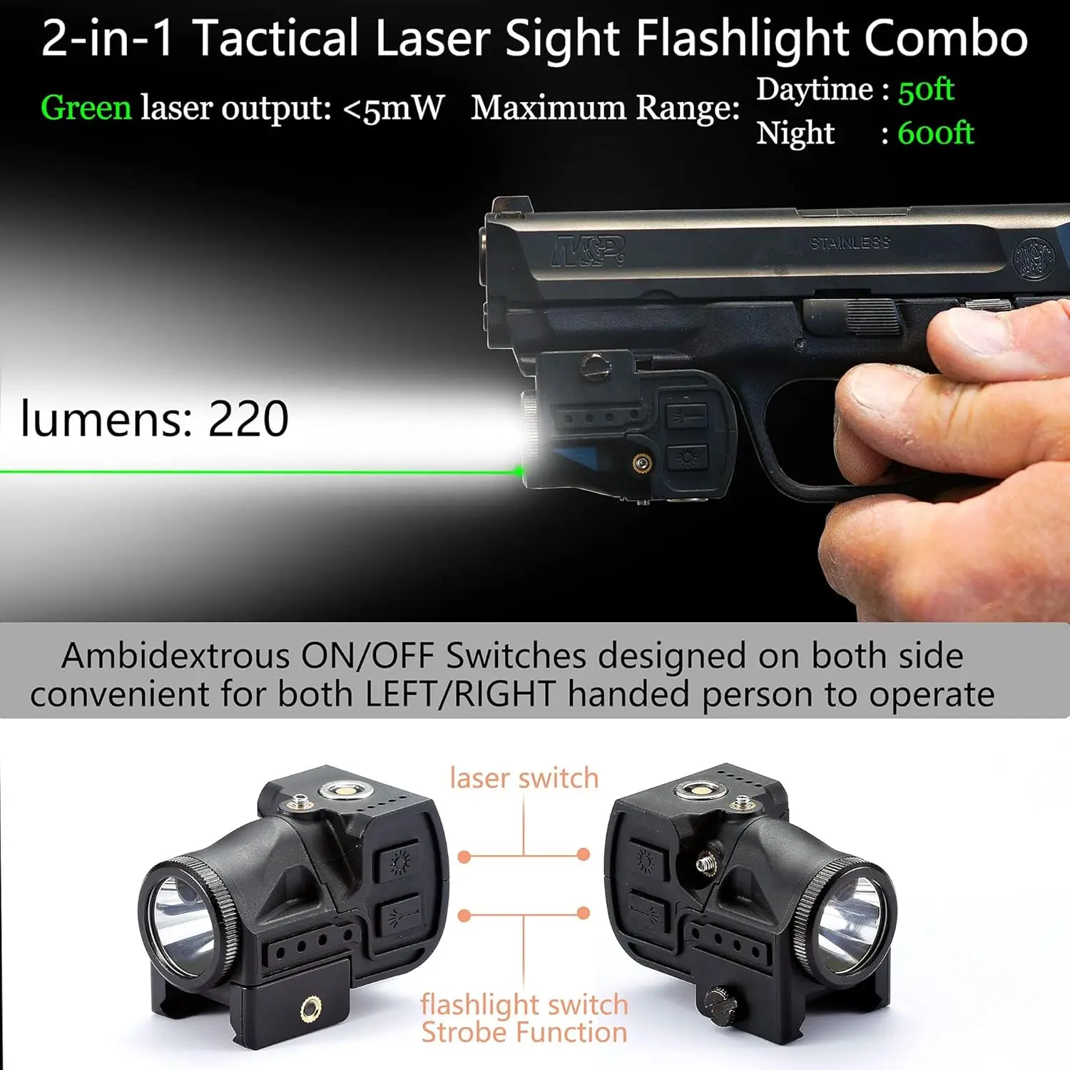 Pistol Airsoft Gun Lasers with Magnetic Charging and Strobe FunctionPistol Flashlight Laser with 20mm Picatinny rail