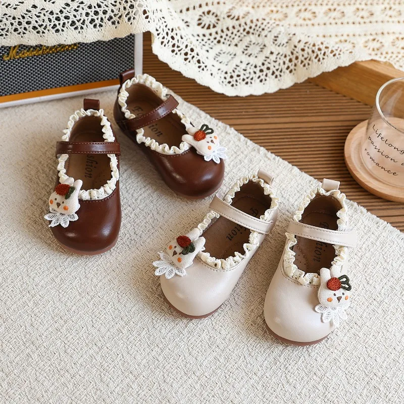 Girls Cute Bunny Lace Mary Jane Shoes Children Leather Shoes for Party Wedding Non-Slip Kids Flats School Shoes Spring Autumn