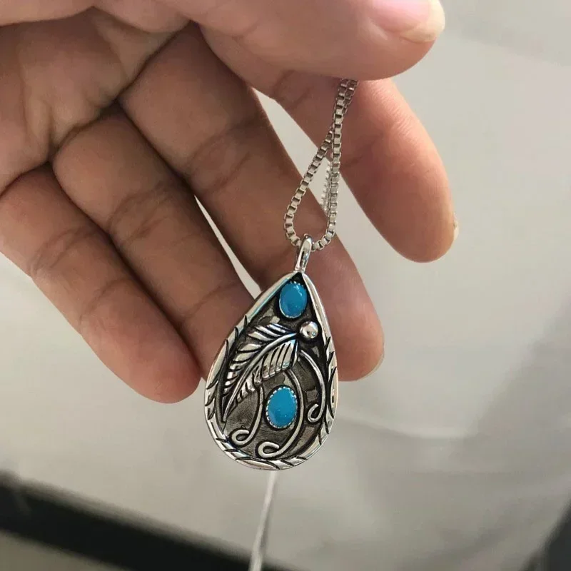 Delysia King Women Vintage Feather Water Drop Pendant  Inlaid Turquoise Dyed Black Leaf Engagement Necklace