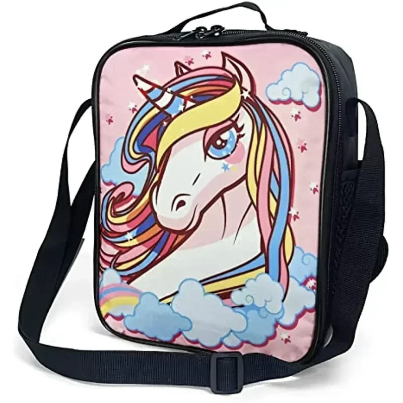 Insulated Girls Pink Cute Unicorn Lunch Bag with Shoulder Strap School Bento Lunch Box for Kids Toddlers Teens