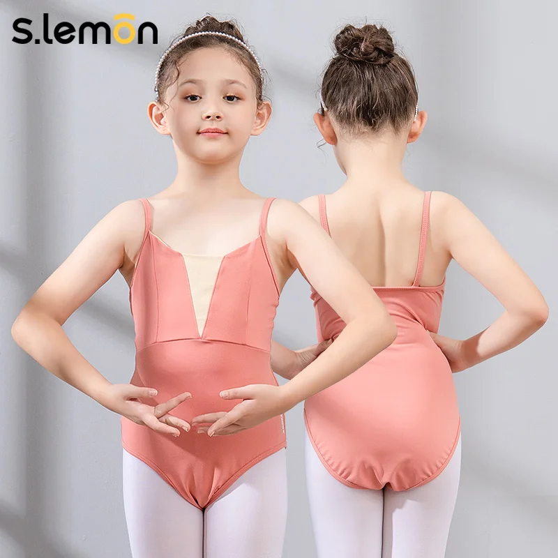 S.limon-leotardo de Ballet para niñas, traje de baile para niños, traje de entrenamiento de gimnasia empalmado frontal con tirantes finos de nailon para niños pequeños