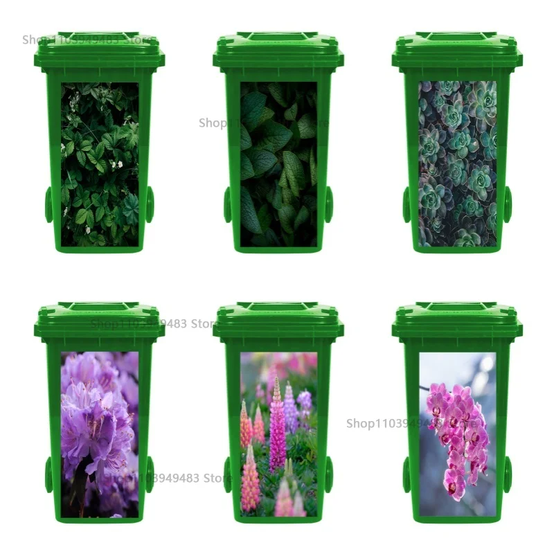 Flowering Plant Trash Can Mural Self-adhesive Waterproof Stickers Recycling Environmentally Friendly Wheelie Bin Art Decals