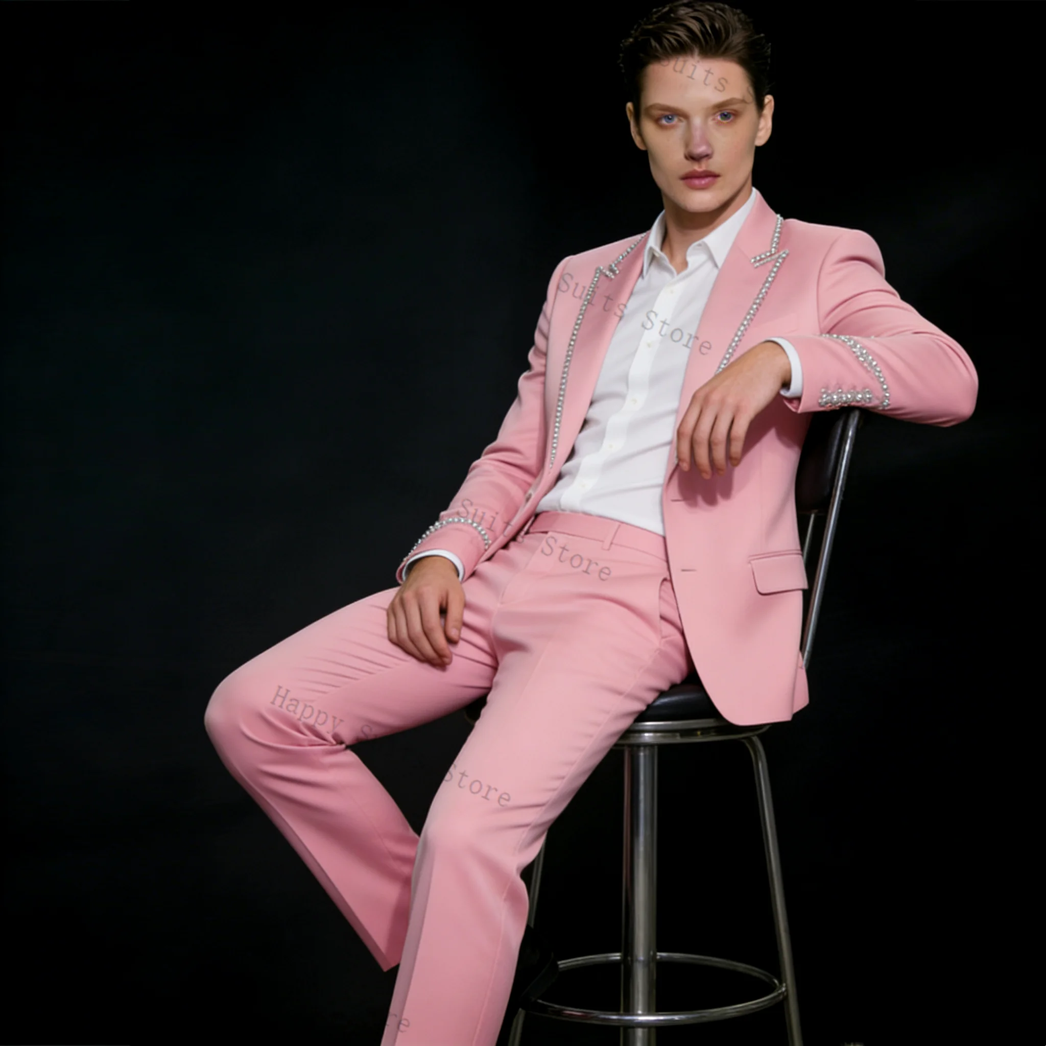 Roze Glanzende Mannen Pak Set  - Formal Wear Jersey For Men recensie en prijs