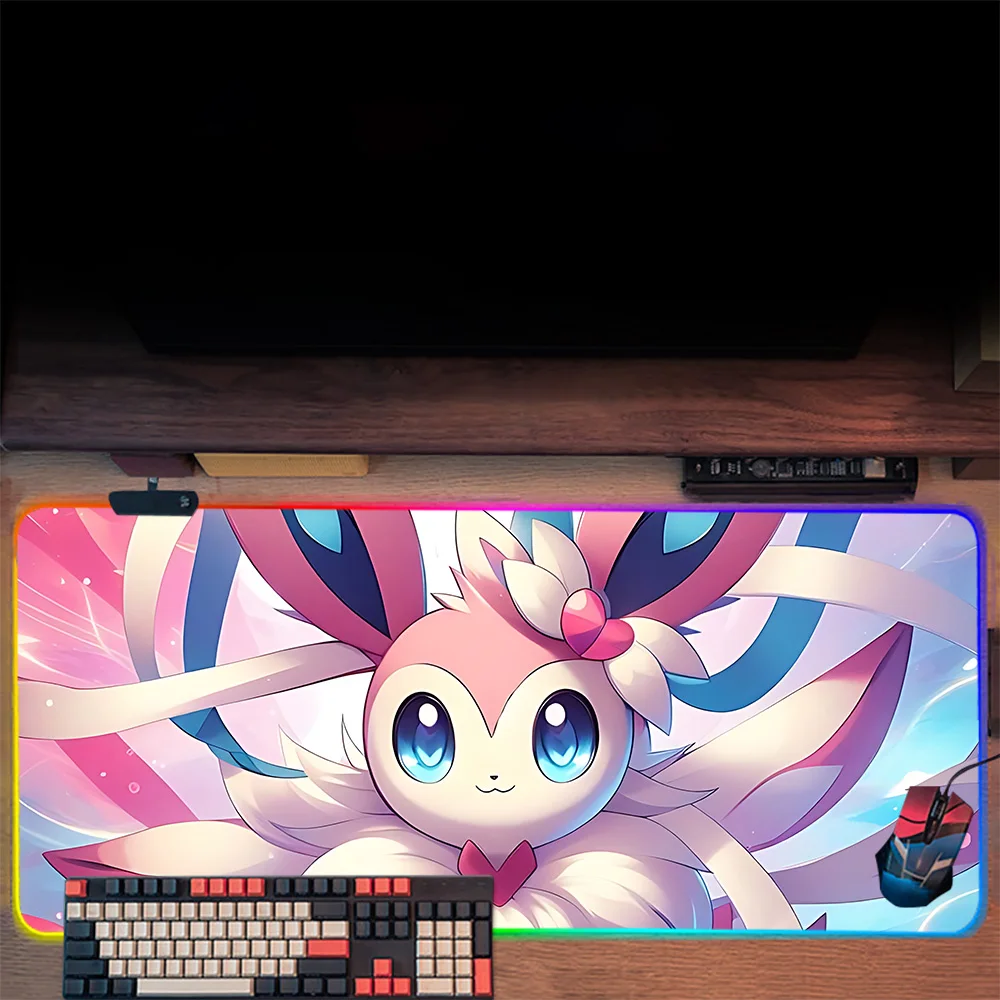 لوحة ماوس ولوحة مفاتيح ألعاب PC لطيفة من Mewtwos RGB ، حصير ماوس متوهجة بإضاءة LED ، لوحة ماوس من المطاط للألعاب