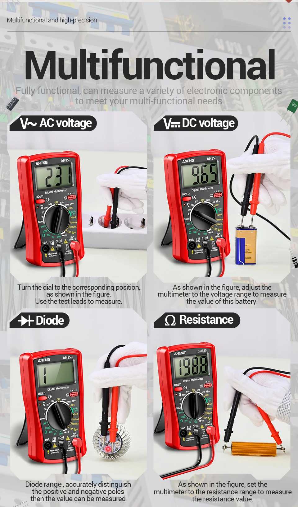 ANENG DM850 Digitalmultimeter mit 1999 Messwerten, Gratis Geschenk BT173 Batterietester, AC/DC-Spannung, Strom, Widerstand, Diodentest, tragbar – Detail 10