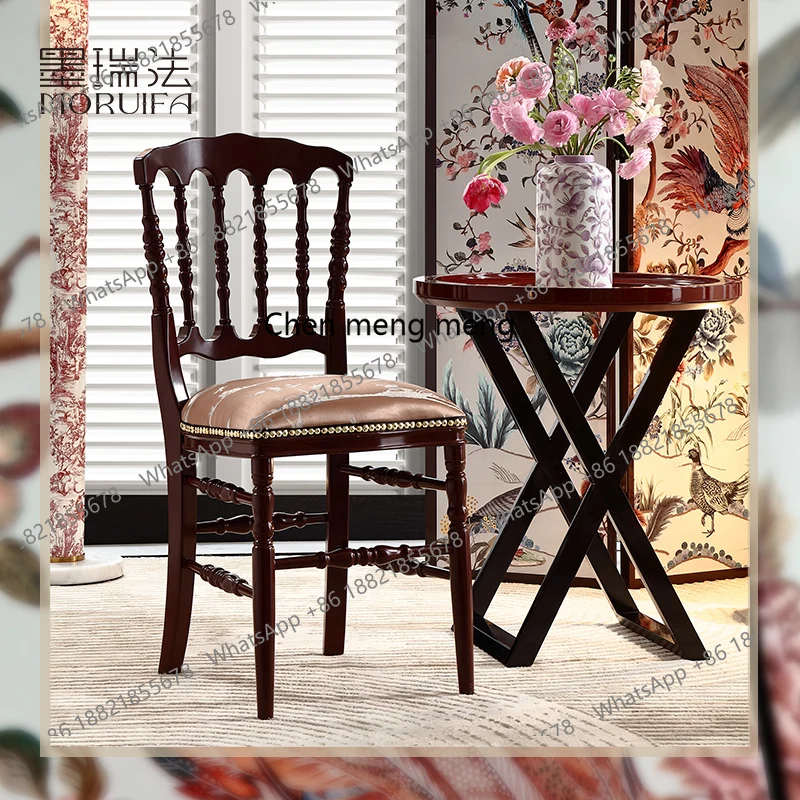 

Medieval all-solid wood retro armless dining chair French, soft bag fabric casual chair for home use