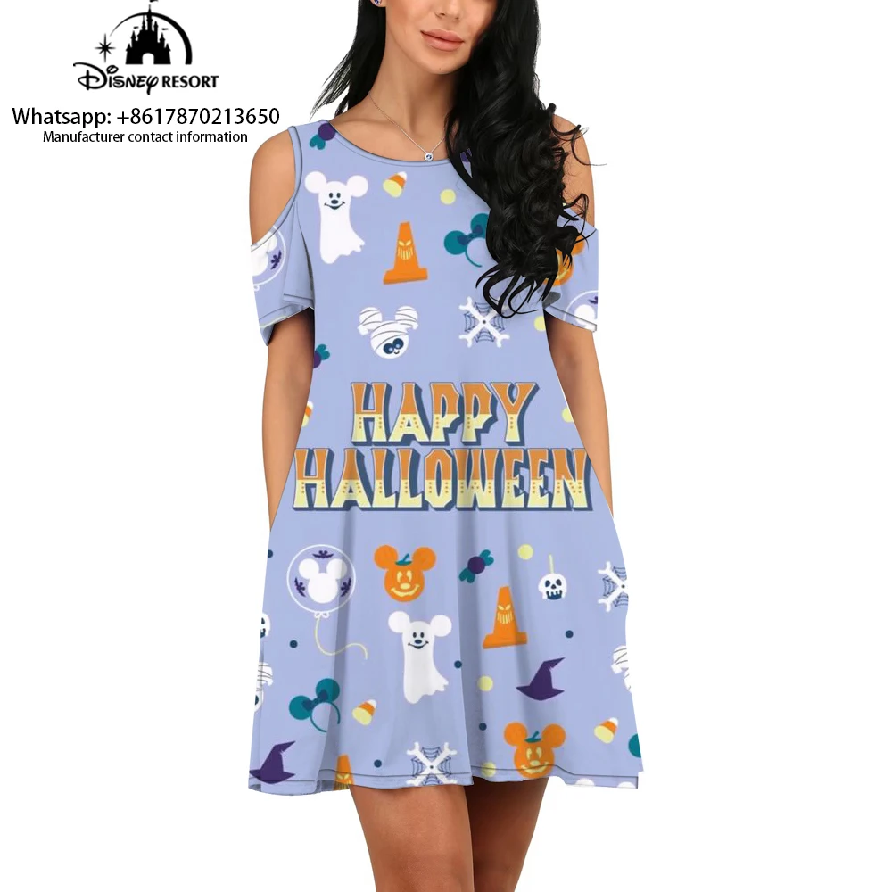 Gaun 3D kasual wanita mode baru musim panas 2024 gaun bahu terbuka leher bulat motif kartun Mickey Halloween kasual