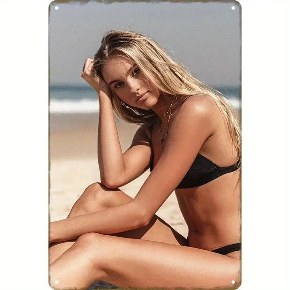 （2D Tin painting）Brand Vintage Metal Beach Girl Wall Decor 8x12 Inch - Heavy-Duty Tin Sign with Pre-Drilled Holes Retro Rusti