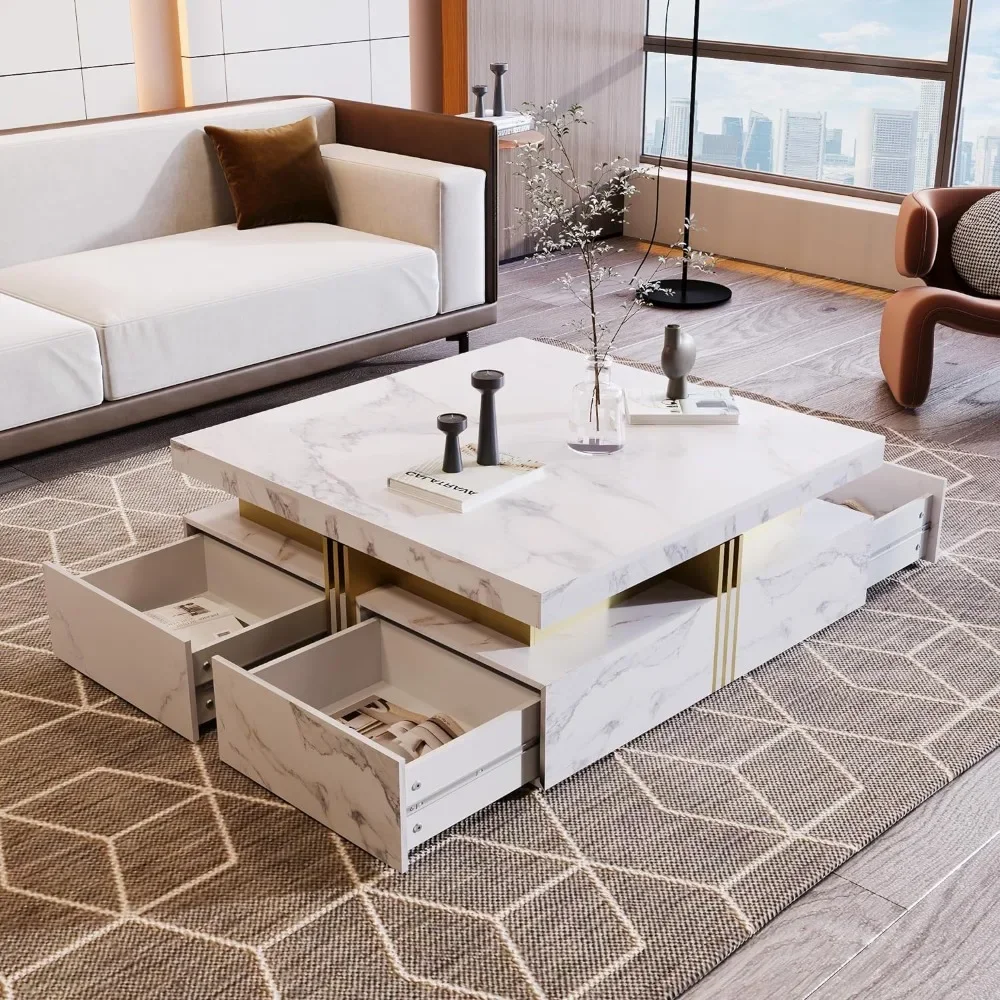 Modern coffee table for living room and office (white), modern square design, marble pattern, storage space, coffee table