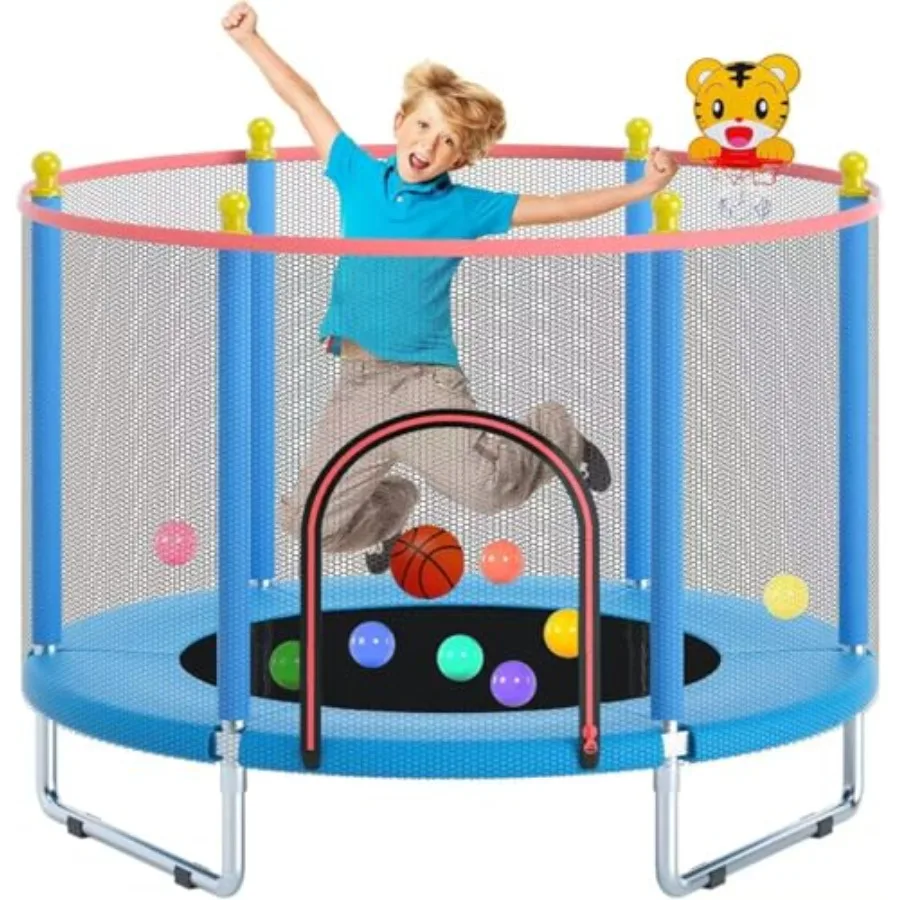 

55-дюймовый батут для дома и улицы с защитной сеткой, регулируемым баскетбольным кольцом для малышей, красный, подарок для мальчиков и девочек