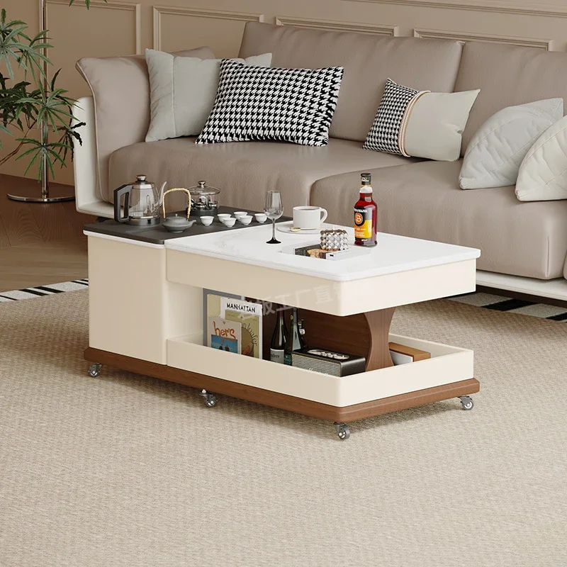 

New tea making rock plate coffee table, advanced tea table integrated light luxury high-end cream style home living room TV cabi