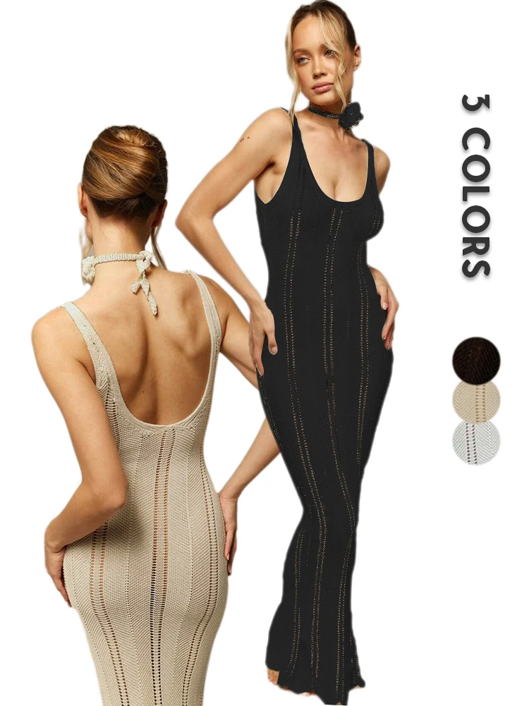 

Fashion Sleeveless Knit Beach Dress Women Sexy See Through Maxi Dress Summer Elegant Party Backless Long Dress Holiday Outfit