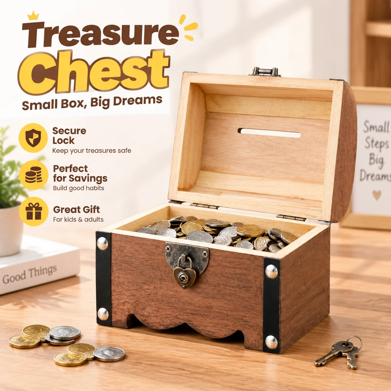 Light Brown Plastic Treasure Chest Lock Box with Heart Lock for Kids & Adults Coin Bank Valuable Storage Retro Money Box