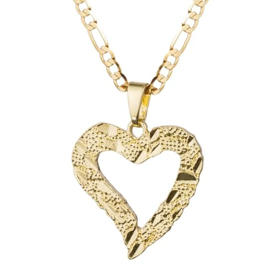 

Nugget Heart Pendant Necklace for Women 14K White Gold Plated Hollowed Diamond-cut Heart Charm Figaro Cha Mimalist Jewelry