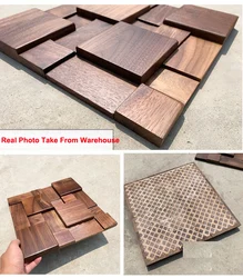 6Pcs/Box Natural Black Walnut Wood Acoustic Wall Panels 30x30cm Sound Absorption Wood Mosaic Tiles for Interior Wall Decor