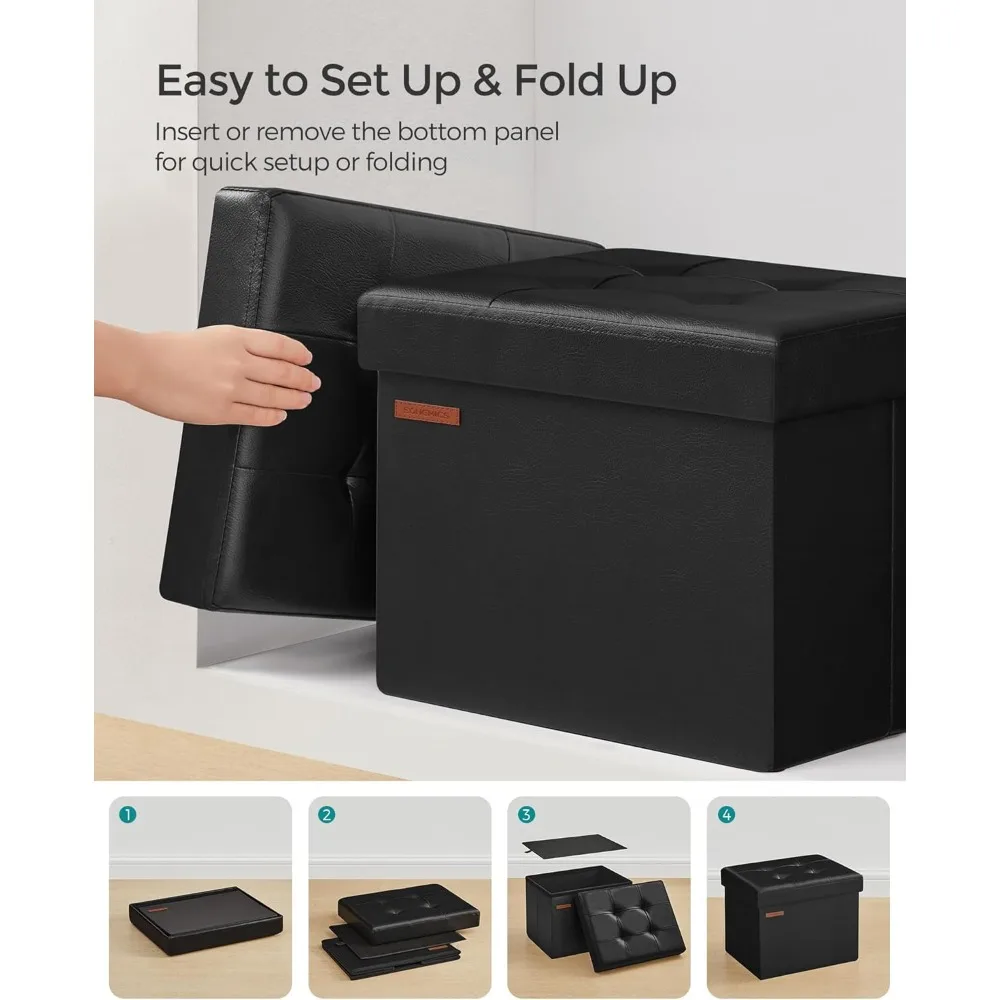 Small Folding Storage Ottoman Cube Footrest Synthetic Leather 286 lb Capacity 12x16x12 Inches Ink Black